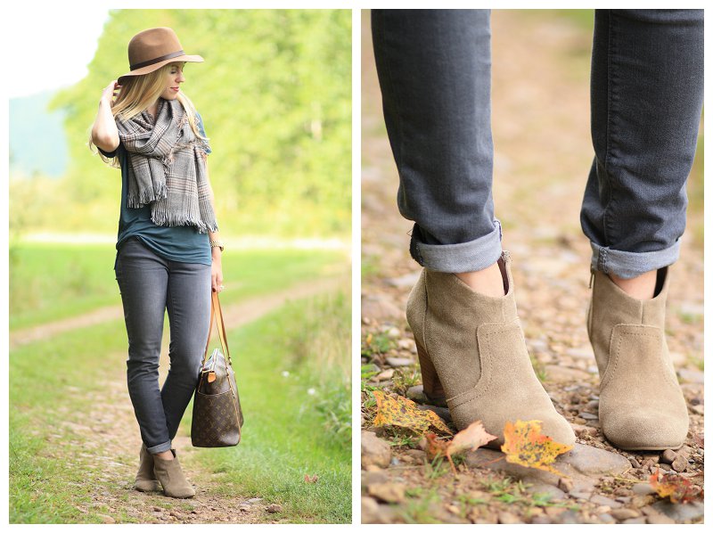 { Mountain Retreat: Oversized plaid scarf, Gray denim & Suede ankle ...