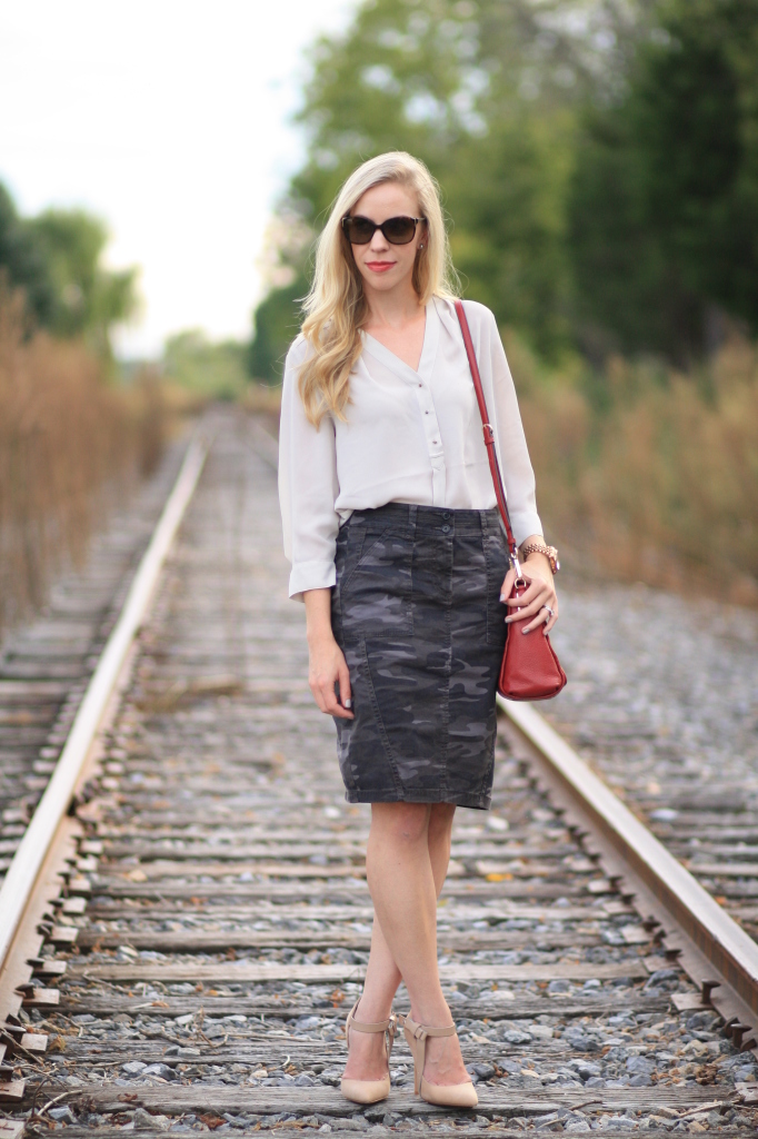 Express gray silky blouse, blouse with pencil skirt, LOFT camo pencil skirt, L.A.M.B. d'Orsay nude bow pumps, nude suede ankle strap pumps, red leather Coach Madison crossbody bag, how to wear camo for work