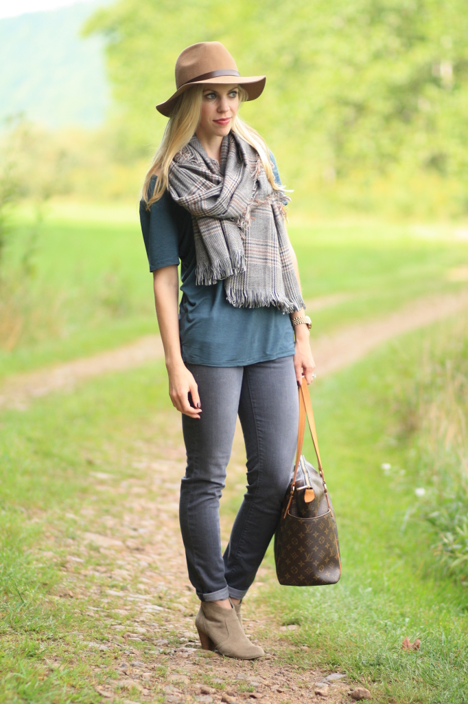 H&M camel wool felt panama hat, oversized brown plaid scarf, LOFT teal easy tee, oversized tee, skinny gray jeans, tan suede ankle booties, Louis Vuitton large tote, fall layering