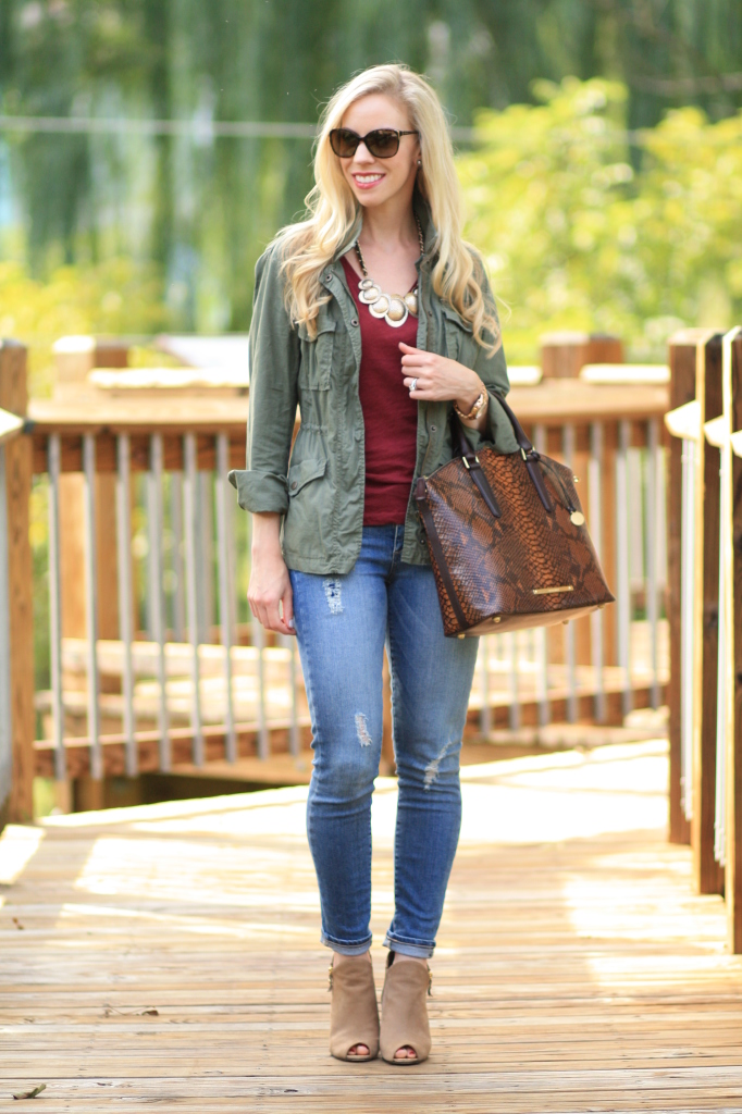 J. Crew olive field jacket, anorak, burgundy tee shirt, v neck tee, gold statement necklace, gold metal necklace, Paige verdugo ankle jeans, destructed denim, cuffed jeans with booties, suede peep toe boots, snakeskin bag