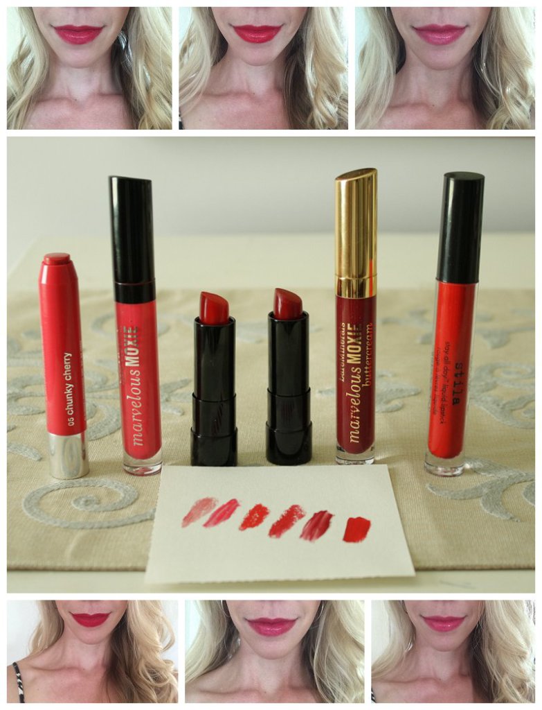 Red Lip Reviews, lipcolor reviews, Bare Minerals Buttercream gloss cha-ching cherry, Bare Minerals Moxie red lipstick, live it up, call the shots, Stila stay all day lipcolor beso, Clinique chubby stick chunky cherry