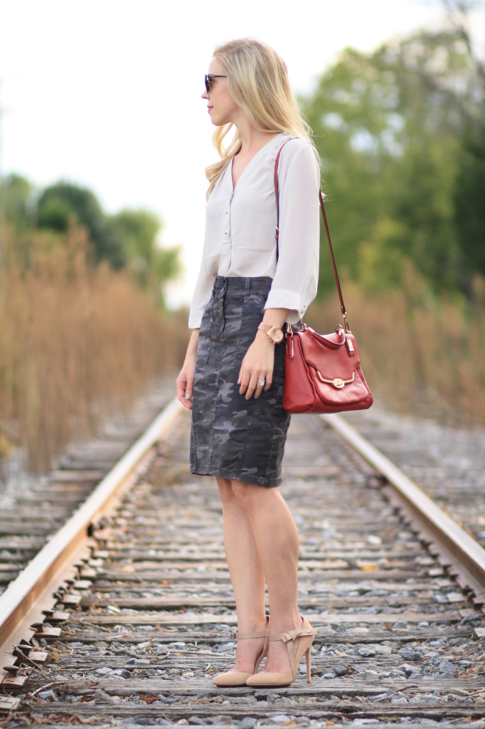gray silk blouse, LOFT camo pencil skirt, red leather Coach crossbody bag, L.A.M.B. d'Orsay nude suede bow pumps, classy camo outfit, how to wear camo for work