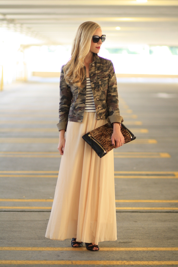 olive green camo print utility jacket, black and white striped silk tank, flowy chiffon nude maxi skirt, black lace up booties, Vince Camuto leopard clutch, Chanel cateye sunglasses