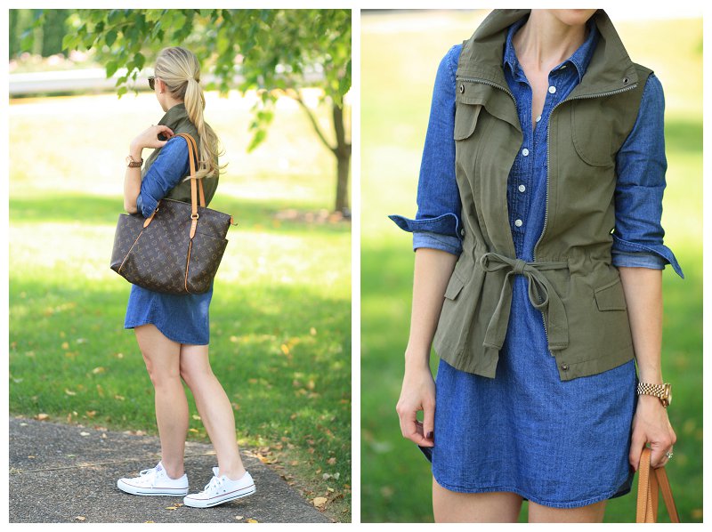 olive utility vest with gray tee and denim cutoff shorts, vintage Louis  Vuitton 'Passy' shoulder bag, utility vest outfit for fall - Meagan's Moda