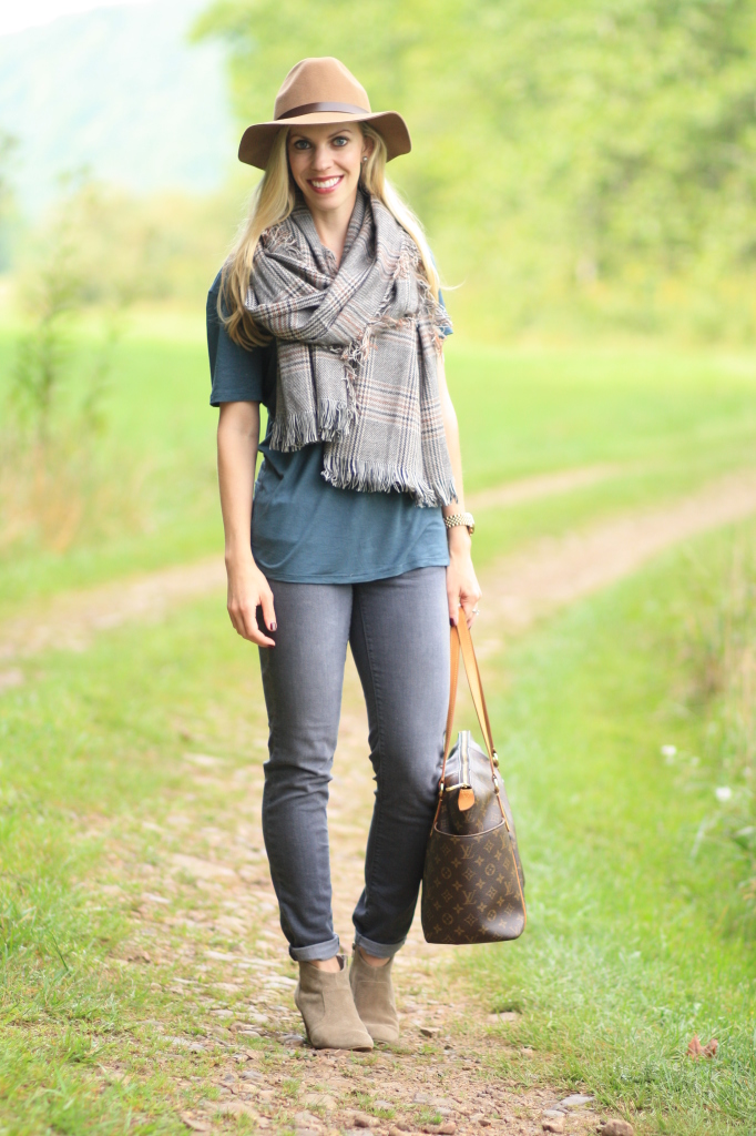 oversized brown plaid scarf, H&M camel panama hat, teal oversized tee, gray denim, suede ankle boots, Louis Vuitton Totally MM tote