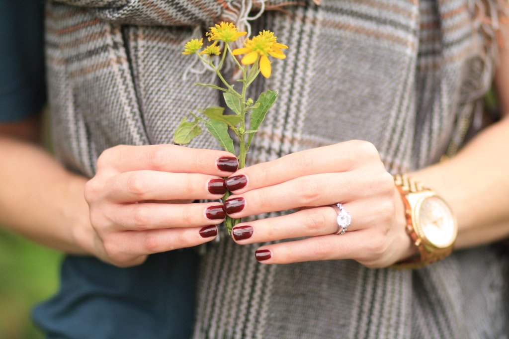 oversized brown plaid scarf, essie nail polish, burgundy nails, essie berry naughty, michael kors rose gold watch