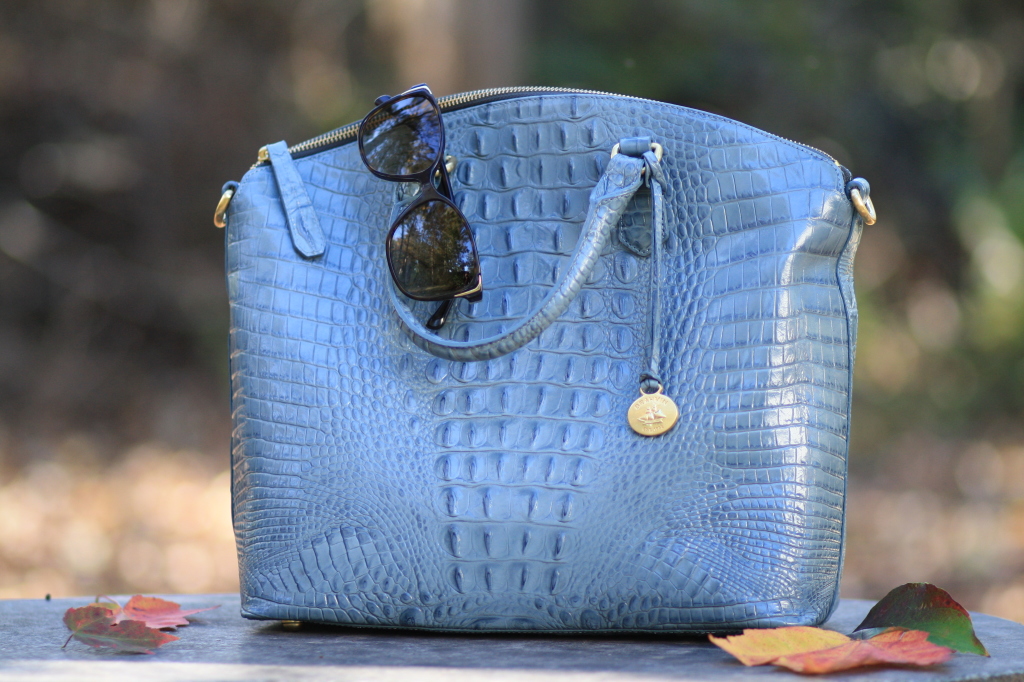 Brahmin Jasper Duxbury satchel, slate blue leather bag, croc embossed leather bag, Prada tortoiseshell sunglasses