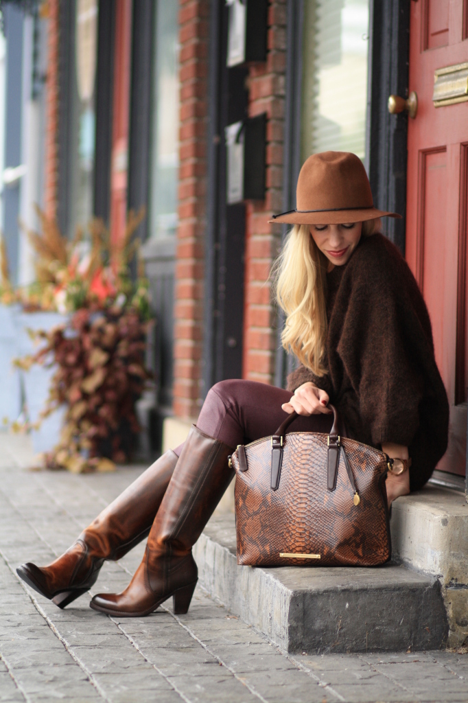 Frye 'Mustang' leather boot, 150th anniversary edition, brown panama hat, H&M oversized brown dolman sweater, 7 for all mankind burgundy leather jeans, Brahmin snake skin satchel