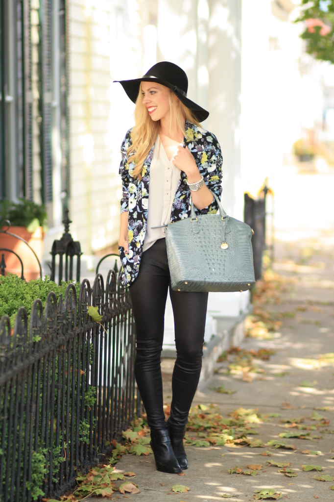 H&M black wool floppy hat, floral kimono, fall floral print, 7 for all mankind leather jeans, black ankle boots with leather leggings, Brahmin Jasper Duxbury satchel