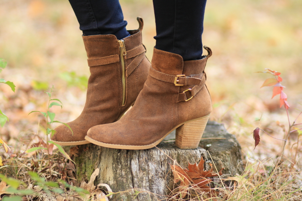 Ralph Lauren brown suede ankle boots, fall leaves, fall boots, boots in the woods, fall photography