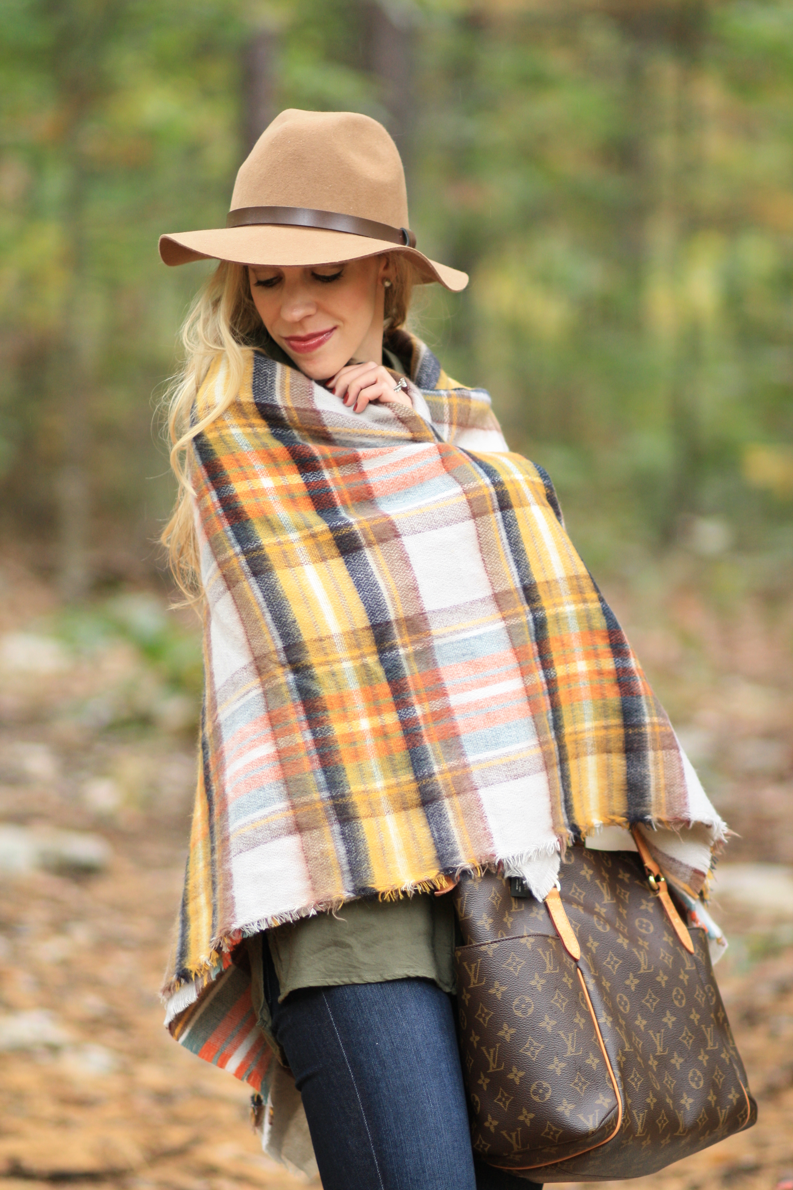 Zara plaid blanket scarf, how to wear a blanket scarf, H&M camel wool  panama hat, Louis Vuitton totally mm tote - Meagan's Moda