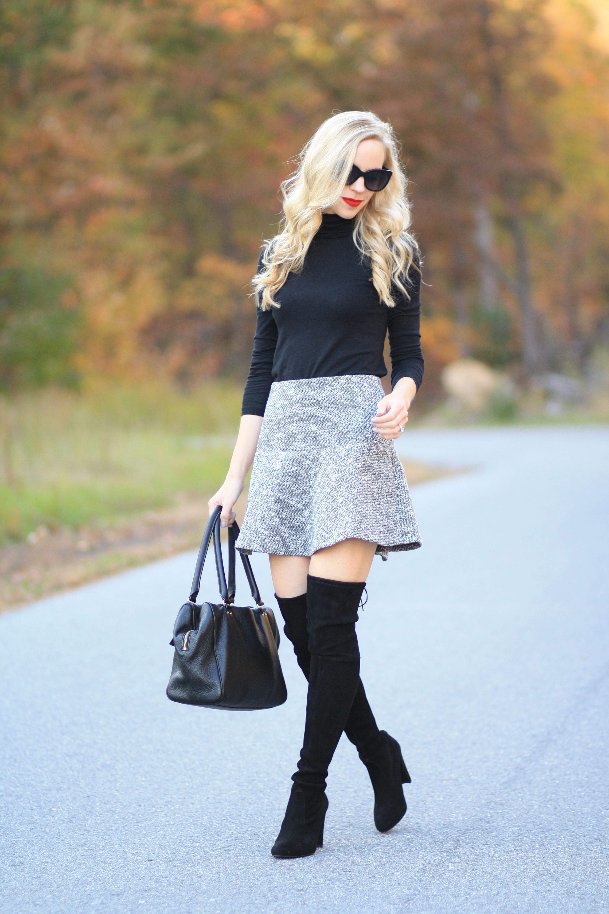 Coveted: Black turtleneck, Tweed flounce skirt & OTK boots