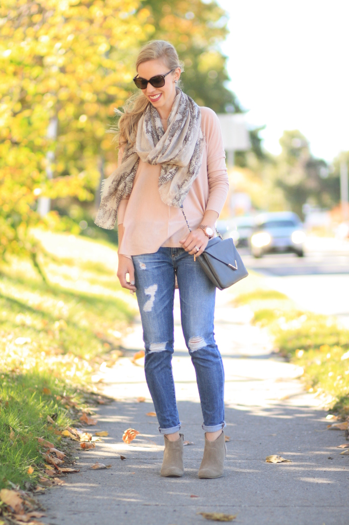 blush pink tunic sweater, oversized pink sweater, snakeskin print scarf, fall pastels, AG Adriano Goldschmied stilt cigarette distressed denim, tan suede booties, Elaine Turner cloudy bay gray crossbody bag