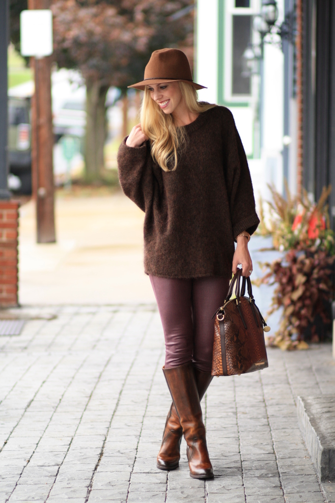 brown wool panama hat, slouchy sweater, oversized sweater, burgundy leather skinny jeans, Frye 'Mustang' boot, Brahmin tortoise seville Duxbury satchel, how to wear burgundy for fall
