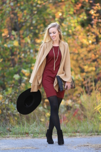 camel cape burgundy shift dress black tights black suede ankle boots black wool floppy hat gold tassel necklace fall outfit with came cape Meagan s Moda