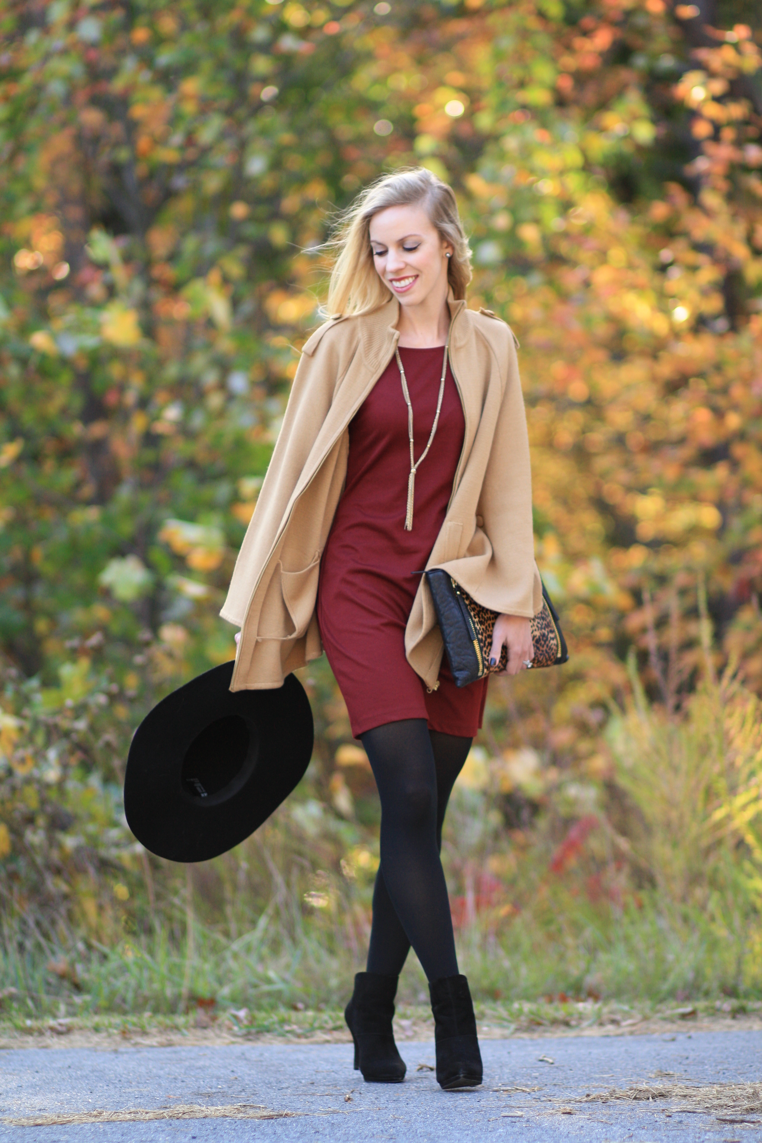 camel cape, burgundy shift dress, black tights, black suede ankle boots,  black wool floppy hat, gold tassel necklace, fall outfit with came cape -  Meagan's Moda
