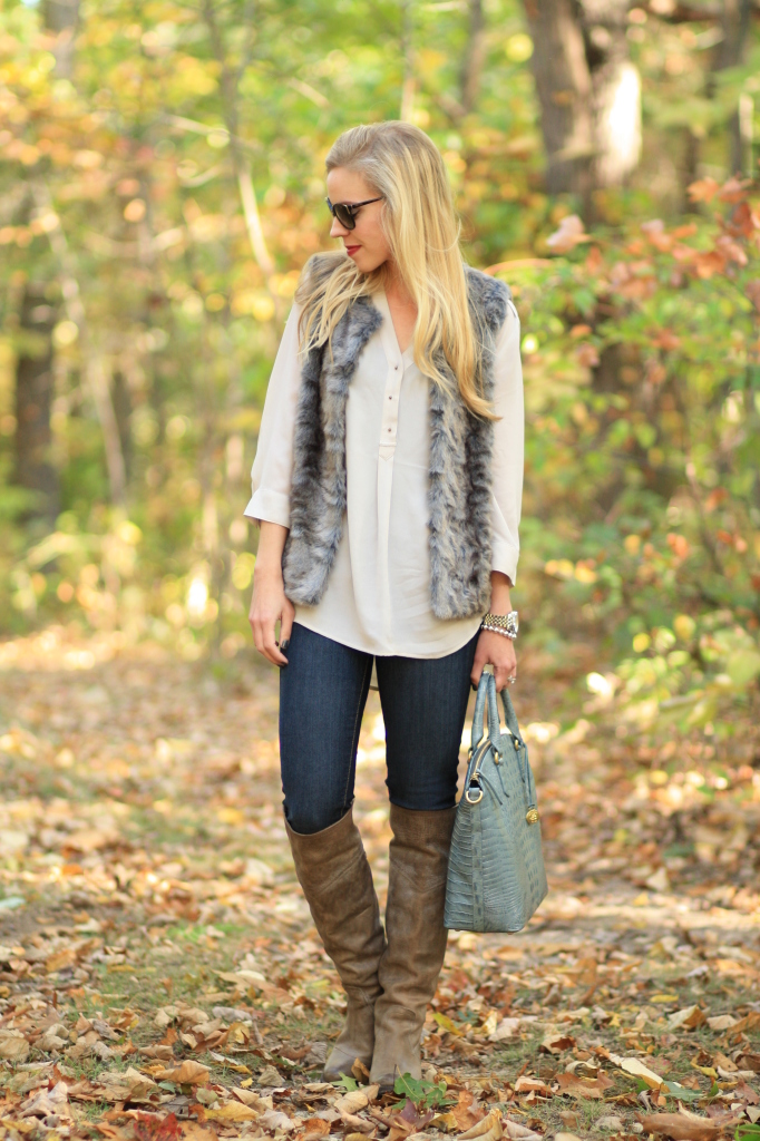 gray fur vest, gray silk blouse, AG legging jeans, distressed denim, Frye Jane Tall gray over the knee boots, Brahmin Jasper Duxbury satchel, fur vest with silk blouse