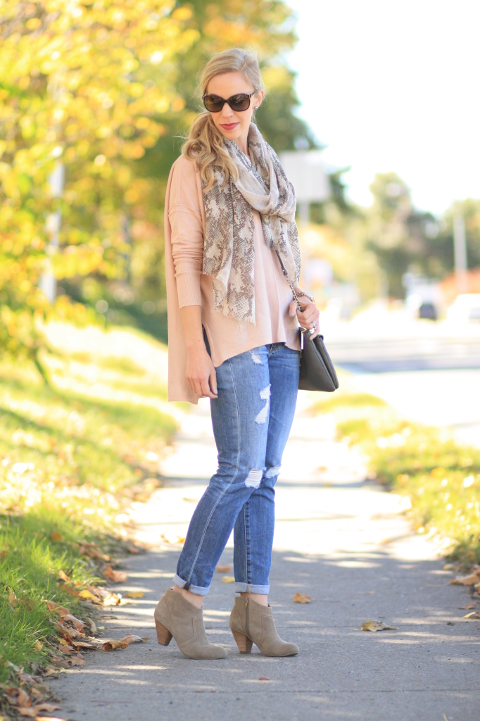 { Autumn Pastels: Pink tunic sweater, Snake print scarf & Distressed ...