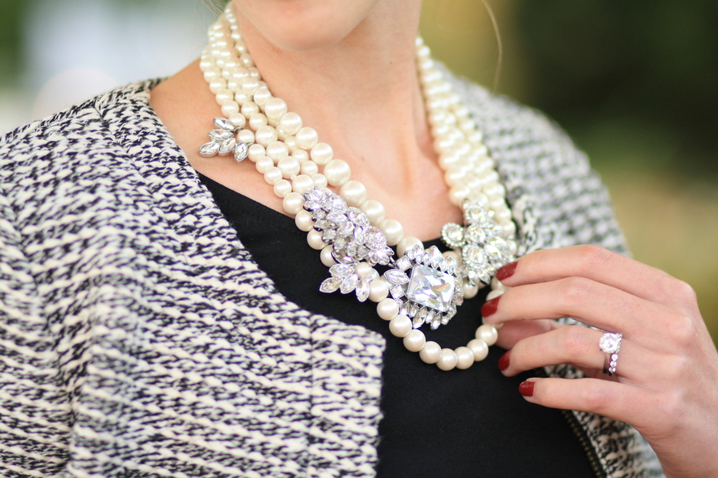 pearl statement necklace, layered pearl necklace, pearls with rhinestone jewels, black and white tweed jacket, chanel inspired outfit