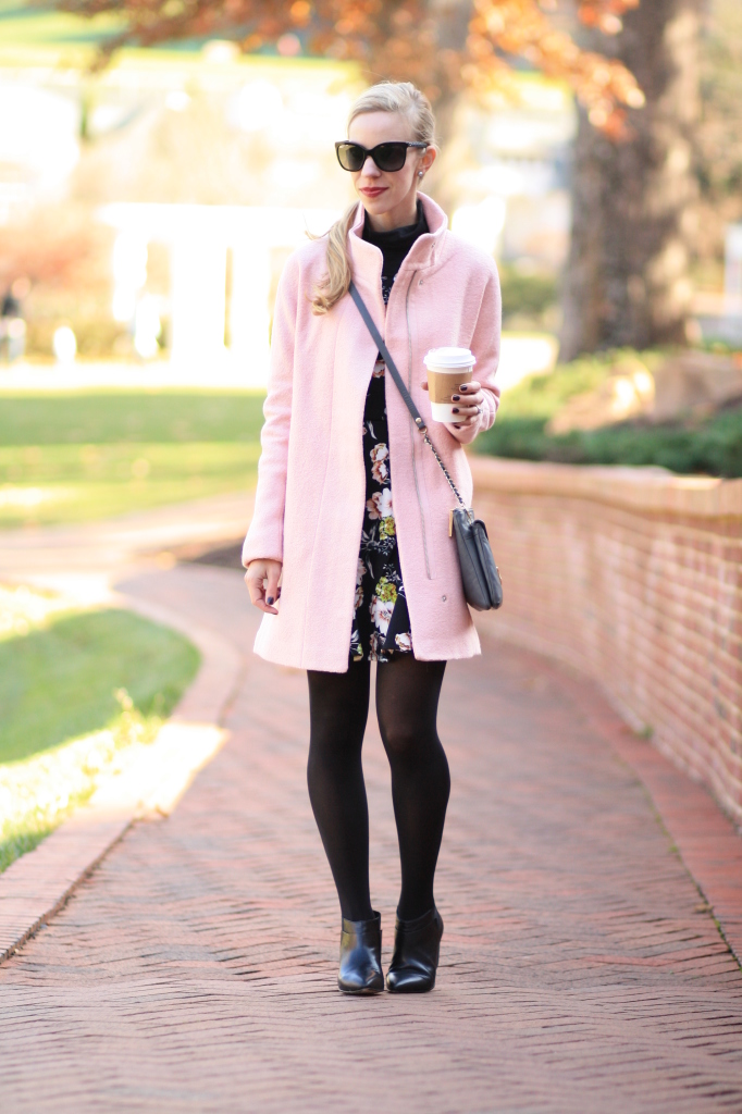 Express blush pink cocoon coat, floral print dress layered over turtleneck, tights with ankle boots, Belle Sigerson Morrison Yulene black leather bootie, Elaine Turner gray Bailey crossbody bag, fall pastels