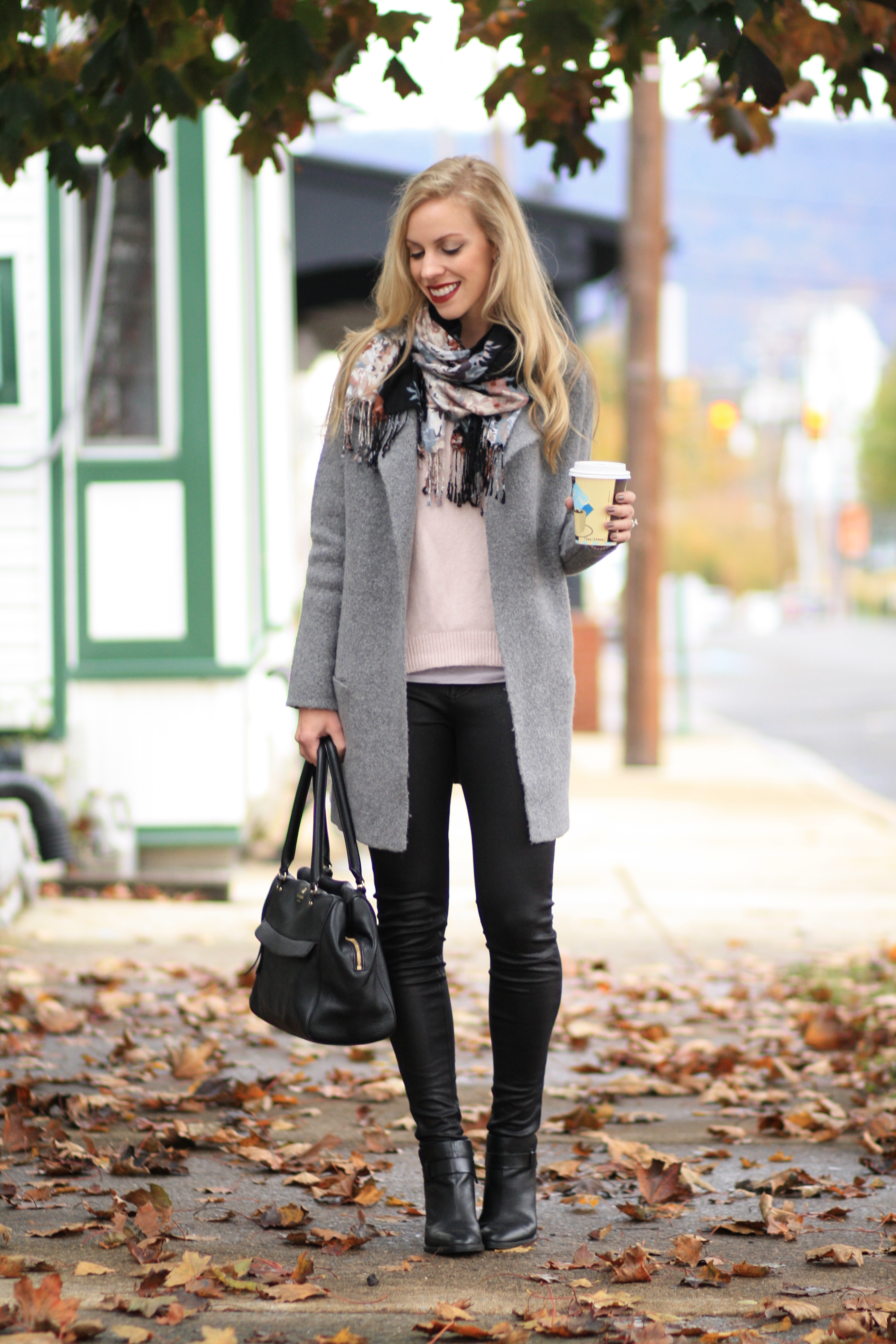 Layered Warmth: Sweater coat, Floral scarf & Leather legging denim } -  Meagan's Moda