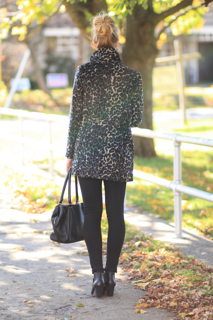 LOFT snow leopard print car coat, popped collar, AG Adriano Goldschmied black middi ankle jeans, cuffed jeans with black pointy toe ankle boots