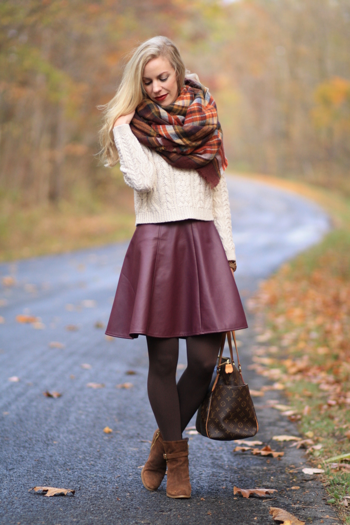 Lauren Conrad for kohls burgundy wine leather circle skirt, leather skater skirt, burgundy red leather skirt, cropped cable sweater, ZARA plaid blanket scarf, brown suede ankle boots, Louis Vuitton totally MM tote