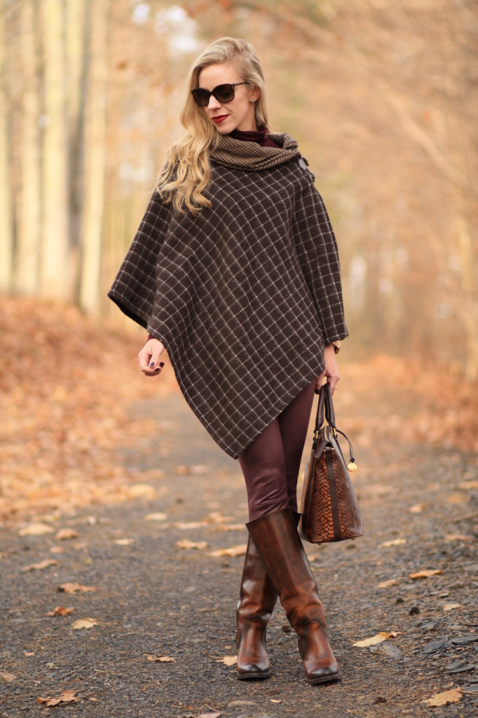 Ralph Lauren brown plaid poncho, 7 for all mankind burgundy leather jeans, Frye mustang anniversary riding boots, classic fall style with poncho