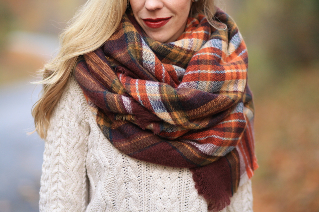 ZARA burgundy plaid blanket scarf, how to tie an oversized blanket scarf, oatmeal cable knit sweater, NARS 'Bette' audacious lipstick, bordeaux lip, burgundy lipcolor