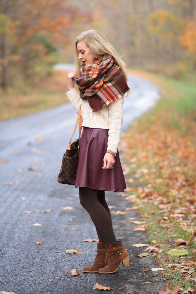 Zara burgundy plaid blanket scarf, cable knit cropped sweater, oatmeal cropped sweater, burgundy leather circle skirt, leather skater skirt, brown suede ankle boots, how to tie oversized blanket scarf