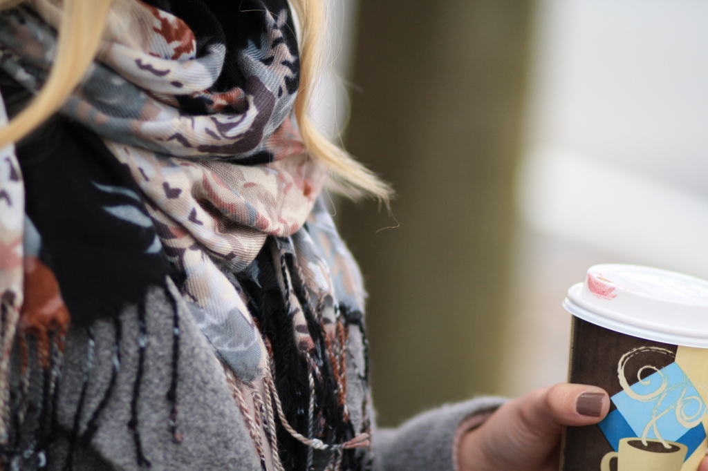 black blush floral scarf, LOFT gray coatigan, Essie fall nude nail polish