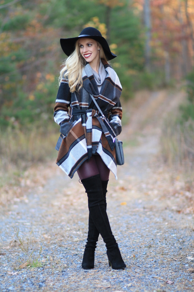 black floppy wool hat, H&M wool hat, ChicWish plaid wrap coat, fall plaid, 7 for all mankind burgundy leather legging jeans, Stuart Weitzman black suede Highland boot, Highland boots with skinny pants