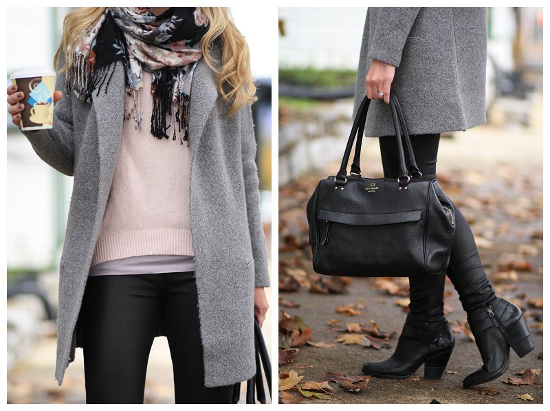 black leather ankle boots, black leather leggings, leather legging denim, LOFT  gray sweater coat, fall floral scarf, blush pink sweater with gray and black  - Meagan's Moda