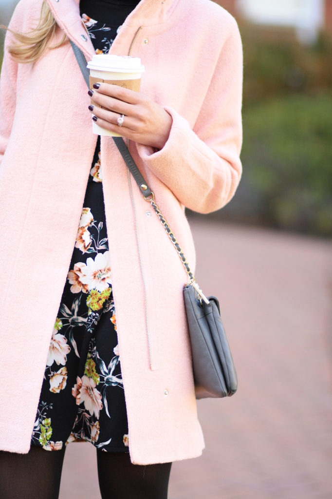 blush pink Express coat, pastel coat for winter, fall floral, floral print dress layered for fall and winter, pink cocoon coat