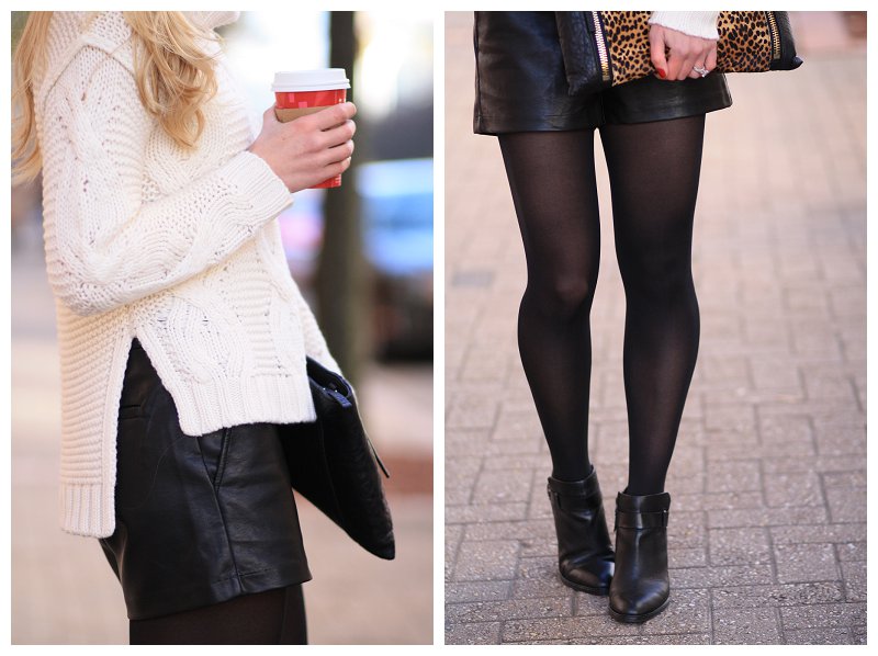 leather shorts with tights and ankle boots, oversized leopard print ...