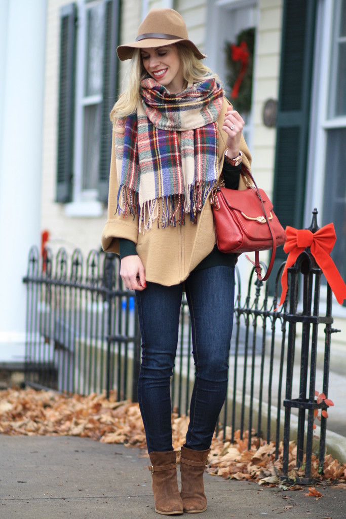 H&M camel panama hat, camel wool cape, red green and blue plaid blanket scarf, Paige verdugo denim, Ralph Lauren Macie suede ankle boots, Coach red leather crossbody bag, holiday plaid outfit