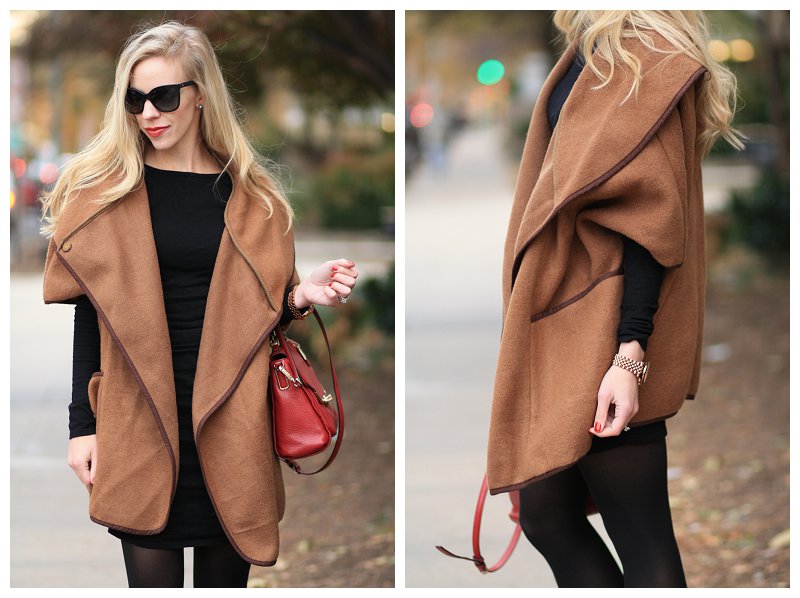 H&M camel wool cape, cape worn over sweater dress with tights and ankle  boots, black sweater dress with camel cape, red handbag, pop of red, Chanel  cateye sunglasses - Meagan's Moda