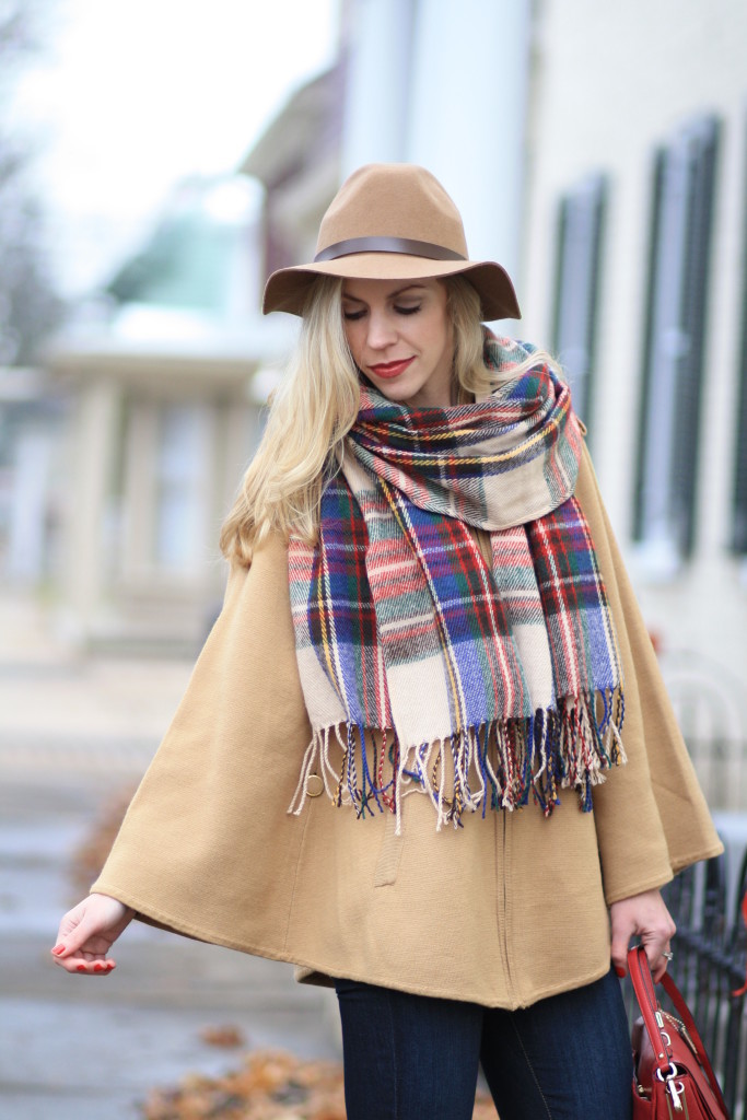 H&M camel wool panama hat, oversized plaid blanket scarf, red green and blue plaid scarf, camel sweater cape
