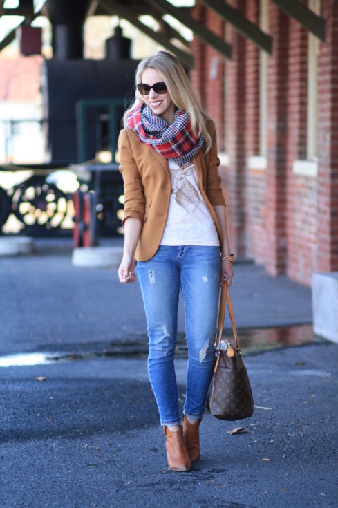 { Festive Details: Camel blazer, Reindeer tee & Red plaid scarf ...