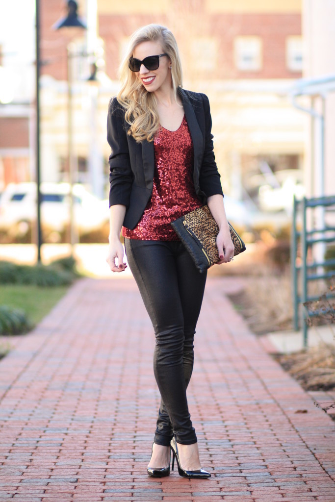 black tuxedo blazer, red sequin tank top, 7 for all mankind black leather jeans, stuart weitzman black patent Nouveau pump, Vince Camuto leopard clutch, new years eve outfit, holiday sparkle style