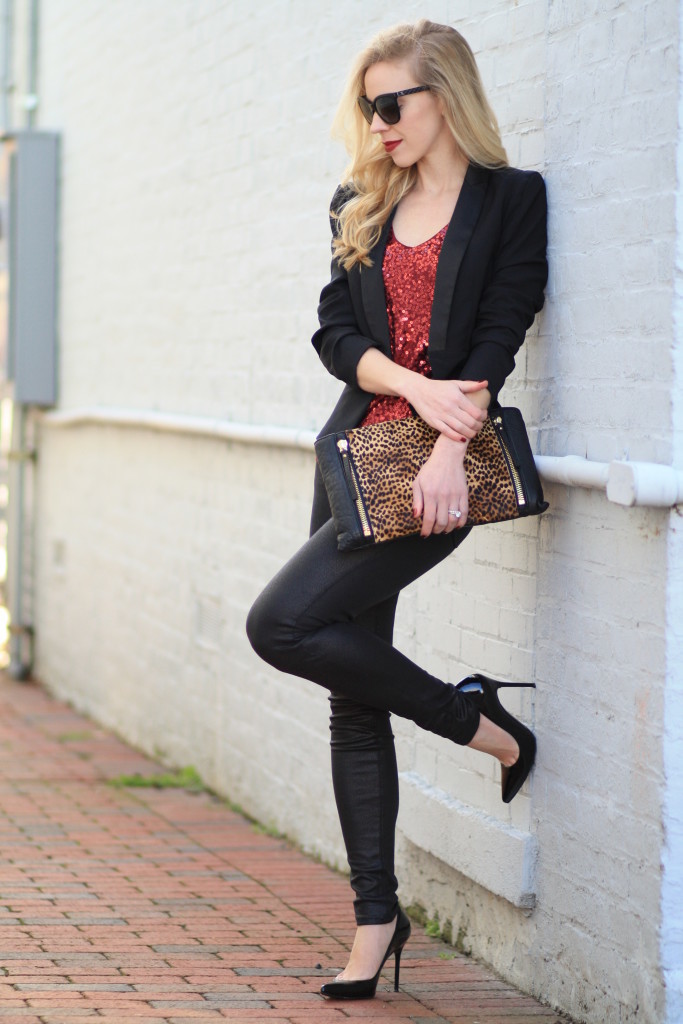 black tuxedo blazer, red sequin top, oversized leopard clutch, 7 for all mankind black leather like denim, Stuart Weitzman black patent nouveau pump, new years eve outfit, sparkly holiday style
