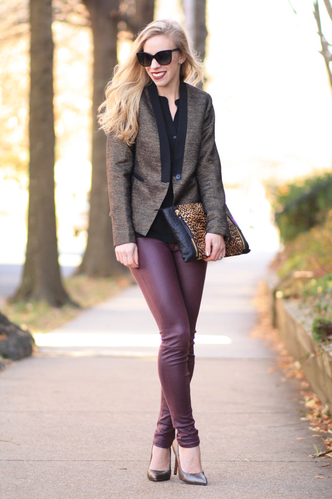 https://meagansmoda.com/wp-content/uploads/2014/12/metallic-gold-and-black-tuxedo-blazer-burgundy-leather-pants-bronze-metallic-pumps-leopard-clutch-holiday-outfit-new-years-eye-outfit.jpg