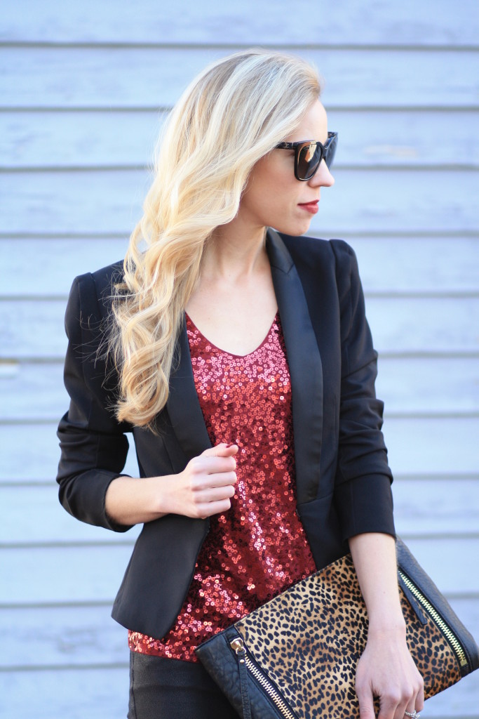 red sequin tank top, H&M black tuxedo blazer, oversized leopard clutch, Chanel quilted leather trim cateye sunglasses, new years eve look, holiday sparkle style