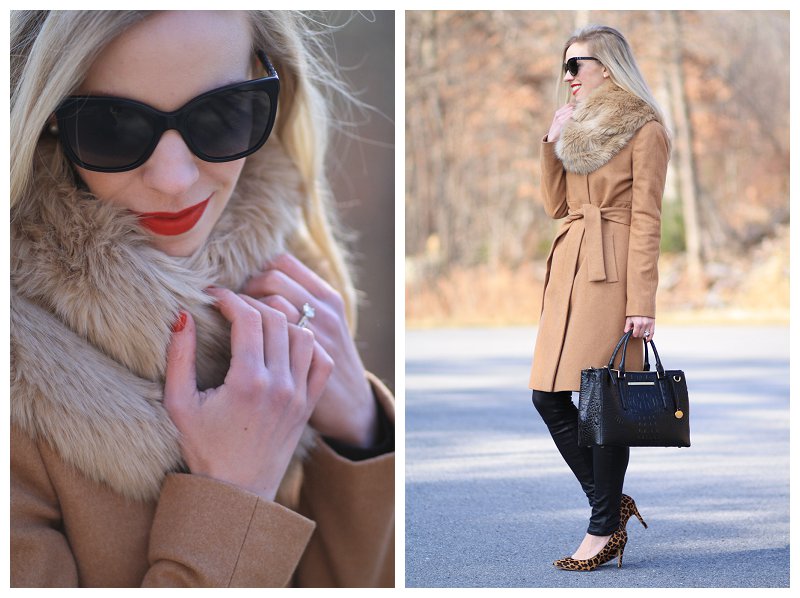 Chanel oversized cateye sunglasses, Stila 'Beso' red lipstick, Zara camel faux fur snood, camel wool wrap coat, Brahmin black small Lincoln satchel, black leather pants, J. Crew leopard pumps