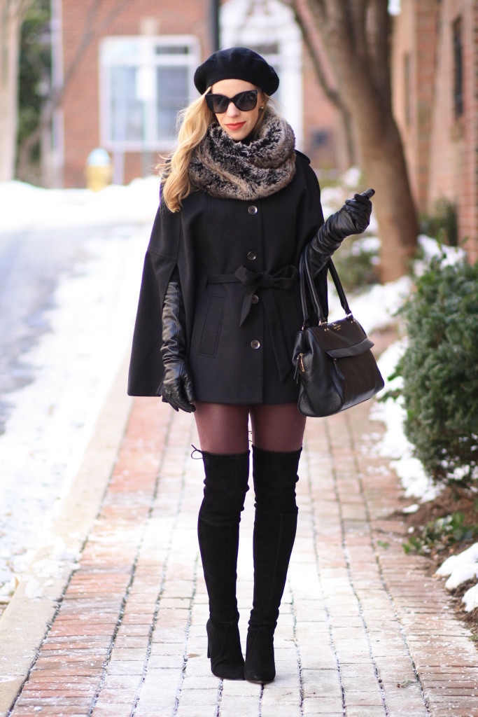 H&M black cape, faux fur scarf, black leather elbow length gloves, burgundy leather jeans, Stuart Weitzman 'Highland' black suede thigh high boots, cashmere beret, winter layered outfit with cape, over the knee boots with jeans