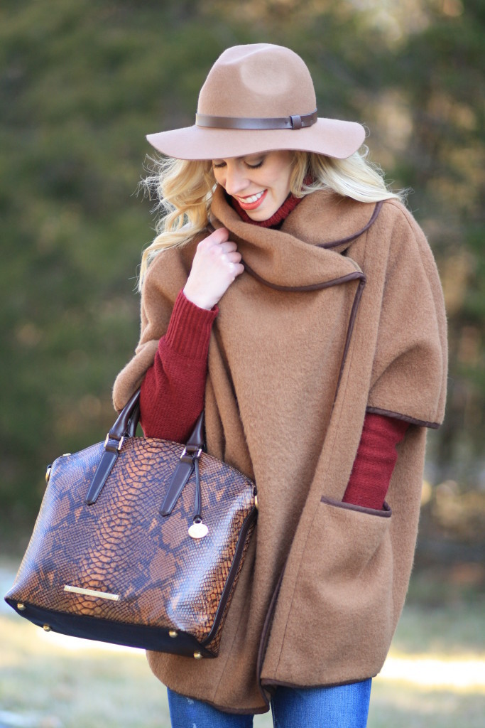 H&M camel fedora, H&M camel wool cape, J. Crew burgundy cable turtleneck, Brahmin tortoise seville brown snakeskin Duxbury satchel, camel cape outfit, cape layered over chunky sweater, camel and burgundy fall outfit