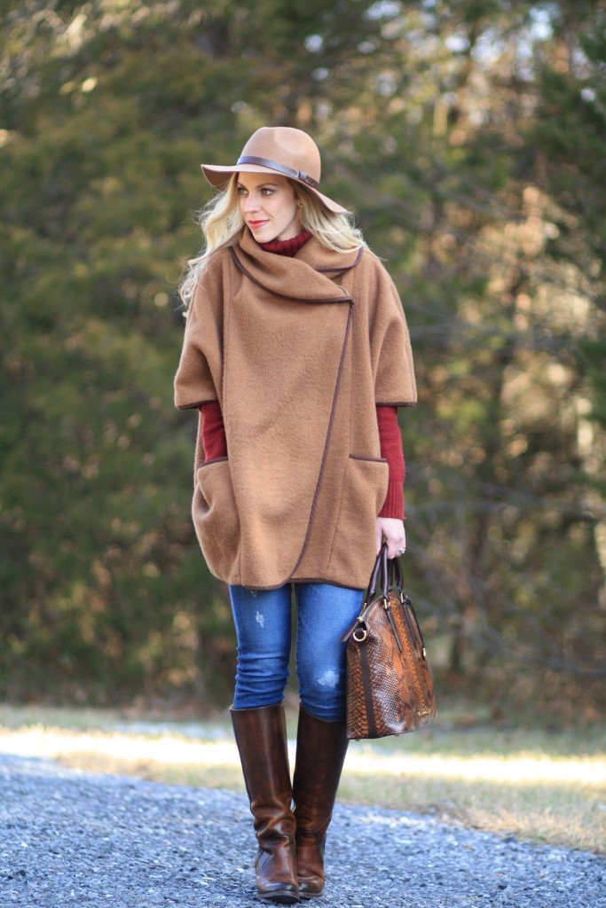 H&M camel wool cape, H&M camel fedora, burgundy cable turtleneck, Adriano Goldschmied distressed legging jean, Frye 'Mustang' dark brown riding boot, Brahmin tortoise seville duxbury satchel, camel cape outfit