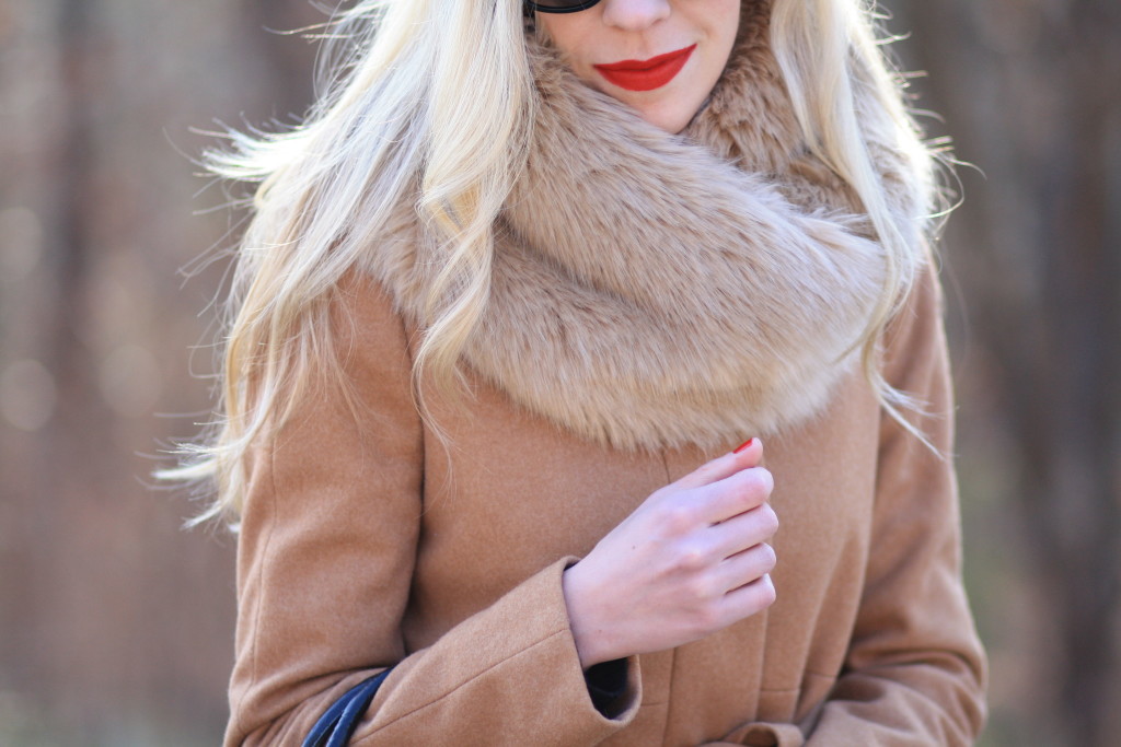 Stila 'Beso' liquid lipstick, bold red lip, camel wool wrap coat, Zara camel faux fur snood, camel faux fur scarf
