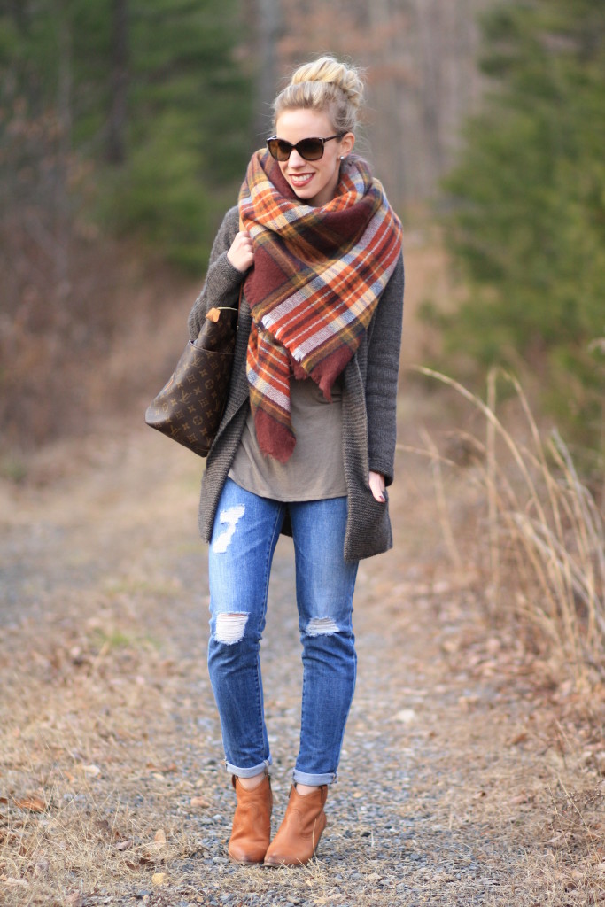 Feels Like Home: Plaid blanket scarf, Long cardigan & Distressed denim } -  Meagan's Moda