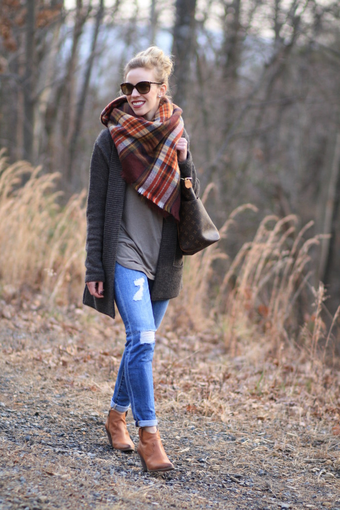 plaid scarf with booties outfit, Frye Jenny cut stud short booties, Louis  Vuitton vintage Passy bag, blanket scarf outfit - Meagan's Moda